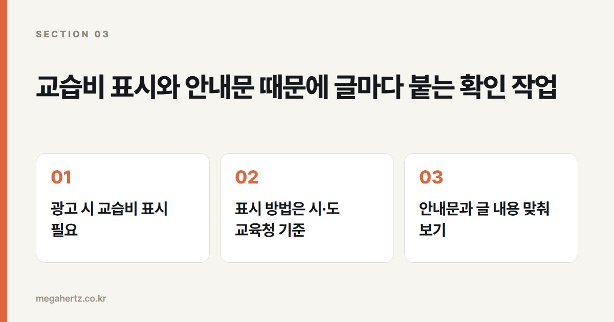 교습비 표시와 안내문 때문에 글마다 붙는 확인 작업