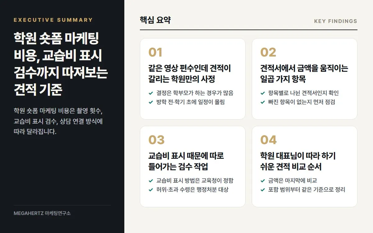 학원 숏폼 마케팅 비용, 교습비 표시 검수까지 따져보는 견적 기준 핵심 요약