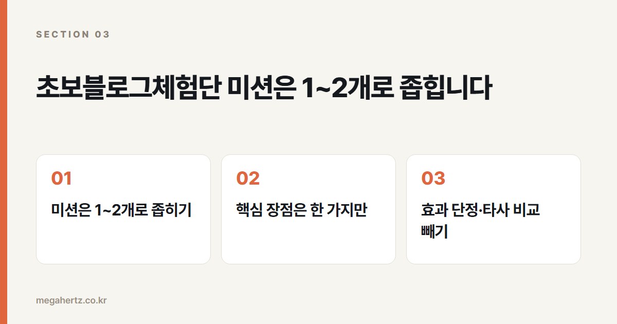 초보블로그체험단 미션은 1~2개로 좁힙니다