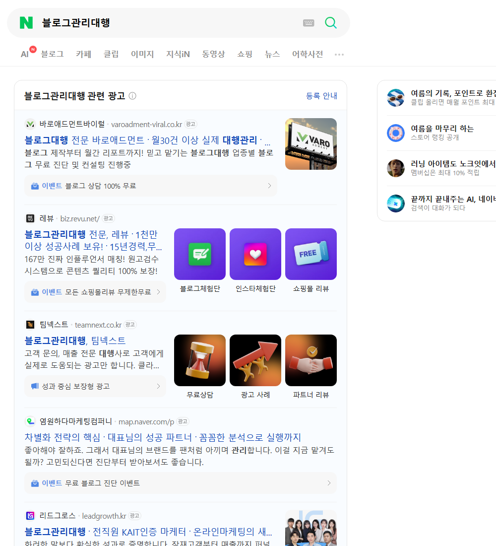 블로그관리대행 네이버 검색 화면