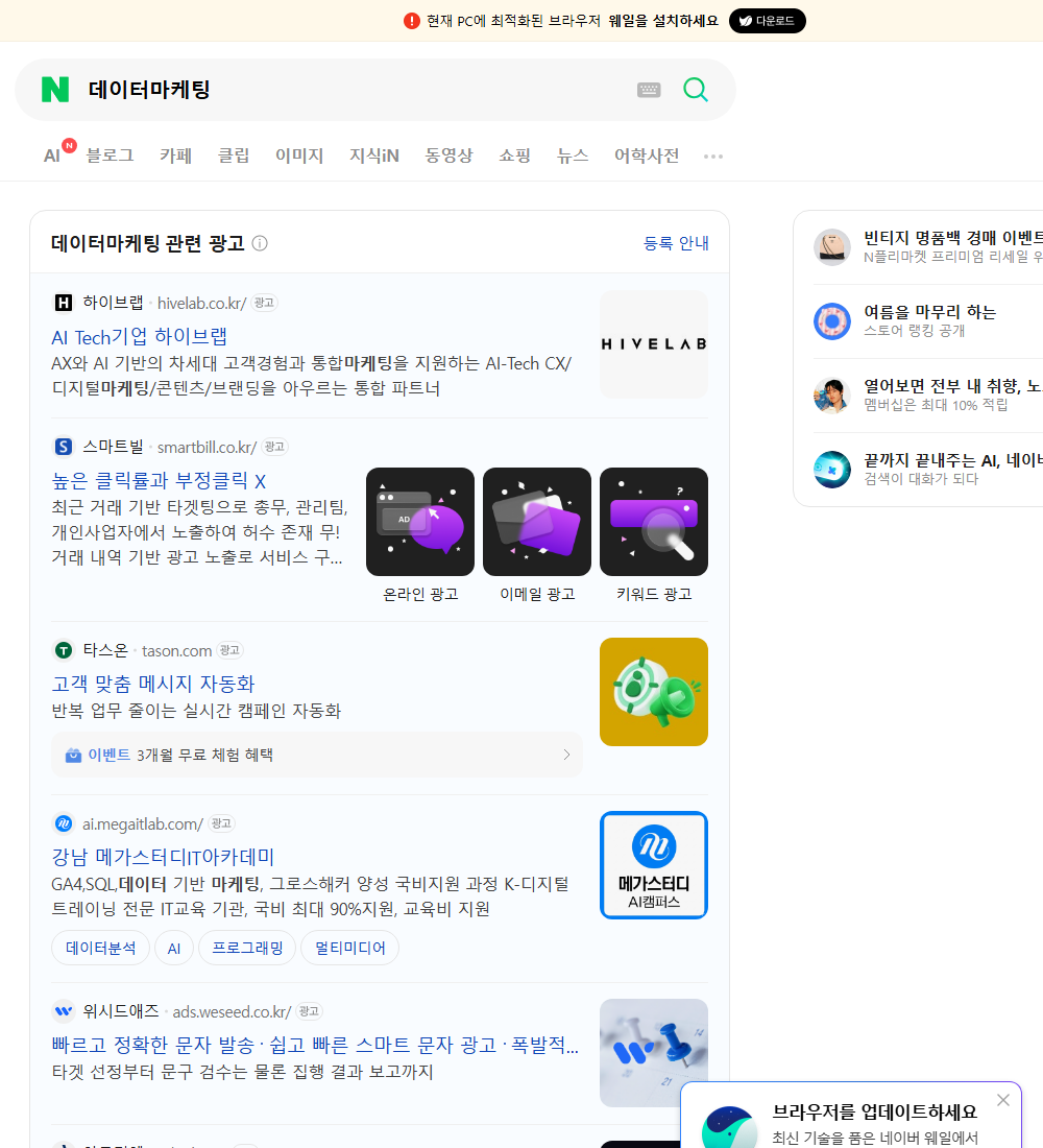 데이터마케팅 네이버 검색 화면