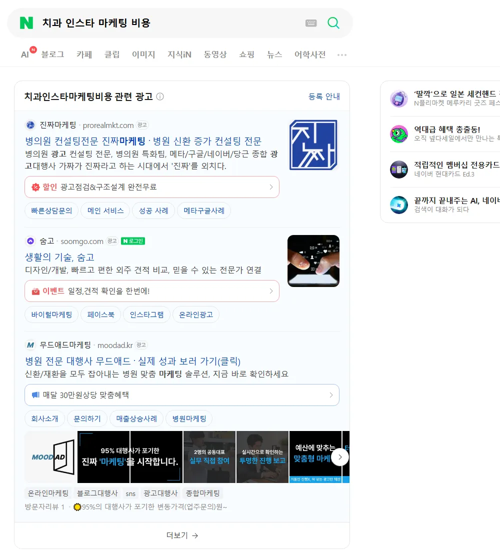 치과 인스타 마케팅 비용 네이버 검색 화면
