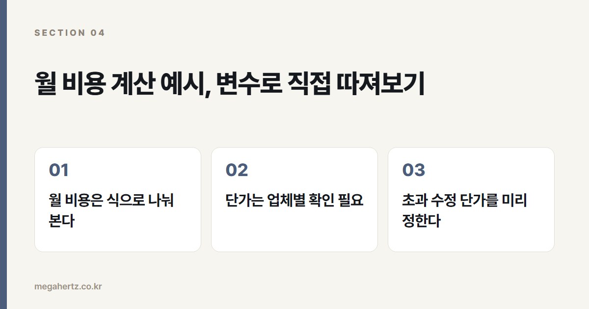 월 비용 계산 예시, 변수로 직접 따져보기