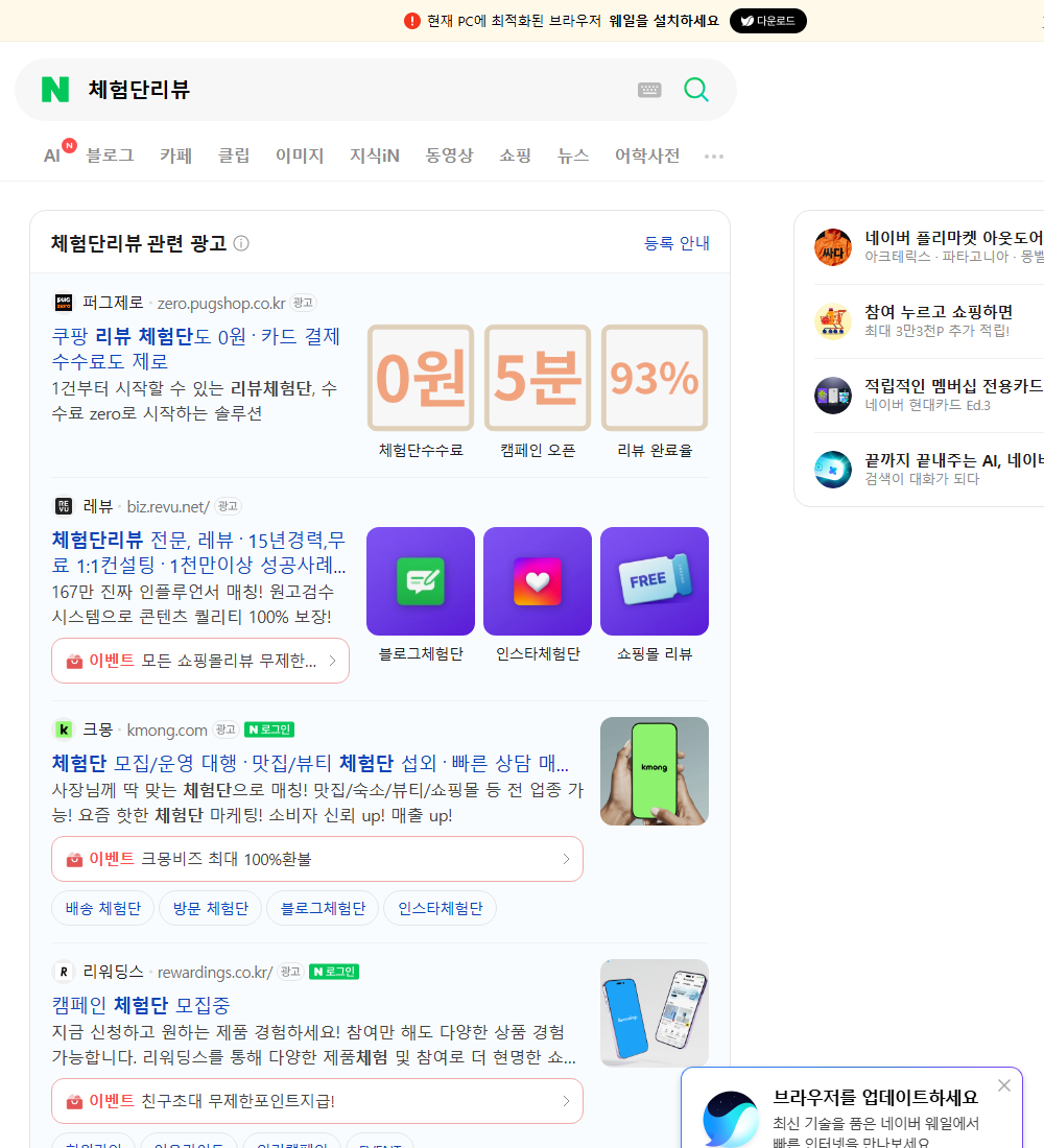 체험단리뷰 네이버 검색 화면