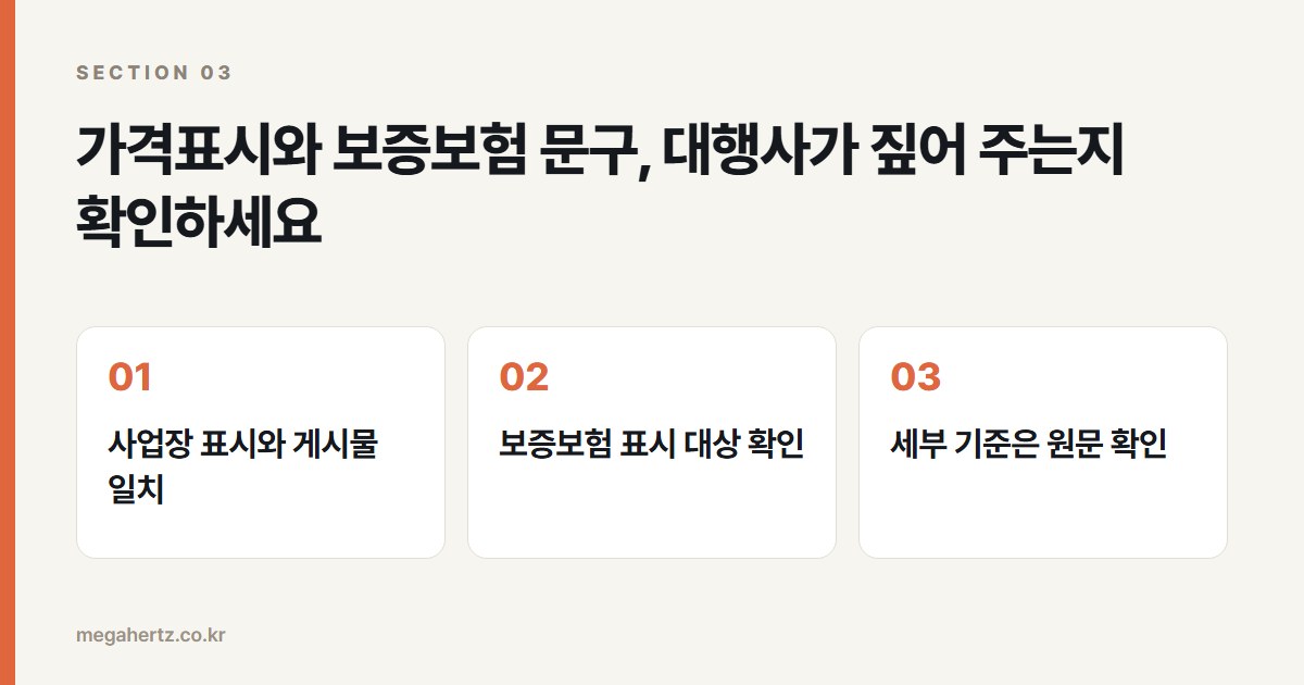 가격표시와 보증보험 문구, 대행사가 짚어 주는지 확인하세요