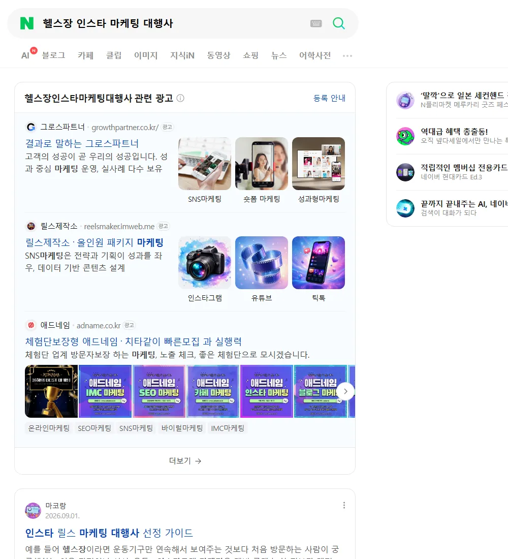 헬스장 인스타 마케팅 대행사 네이버 검색 화면