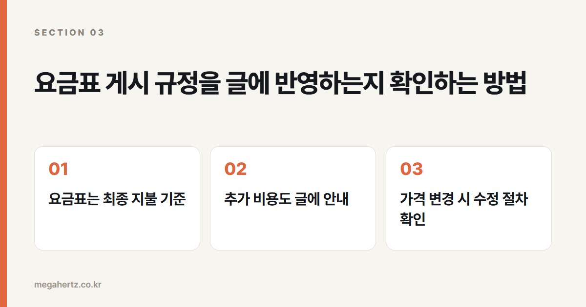 요금표 게시 규정을 글에 반영하는지 확인하는 방법