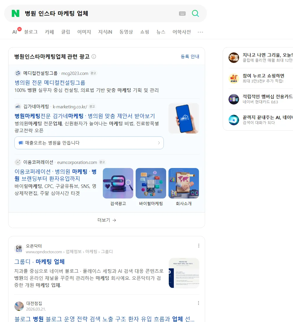 병원 인스타 마케팅 업체 네이버 검색 화면