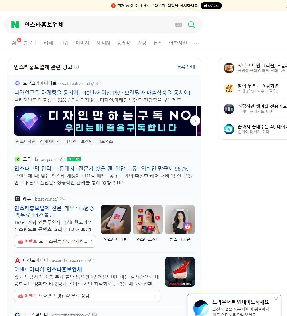 인스타홍보업체 네이버 검색 화면