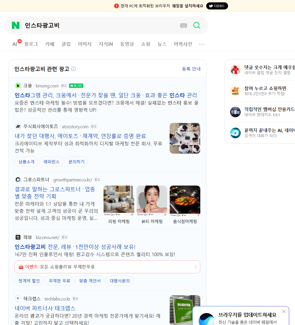 인스타광고비 네이버 검색 화면