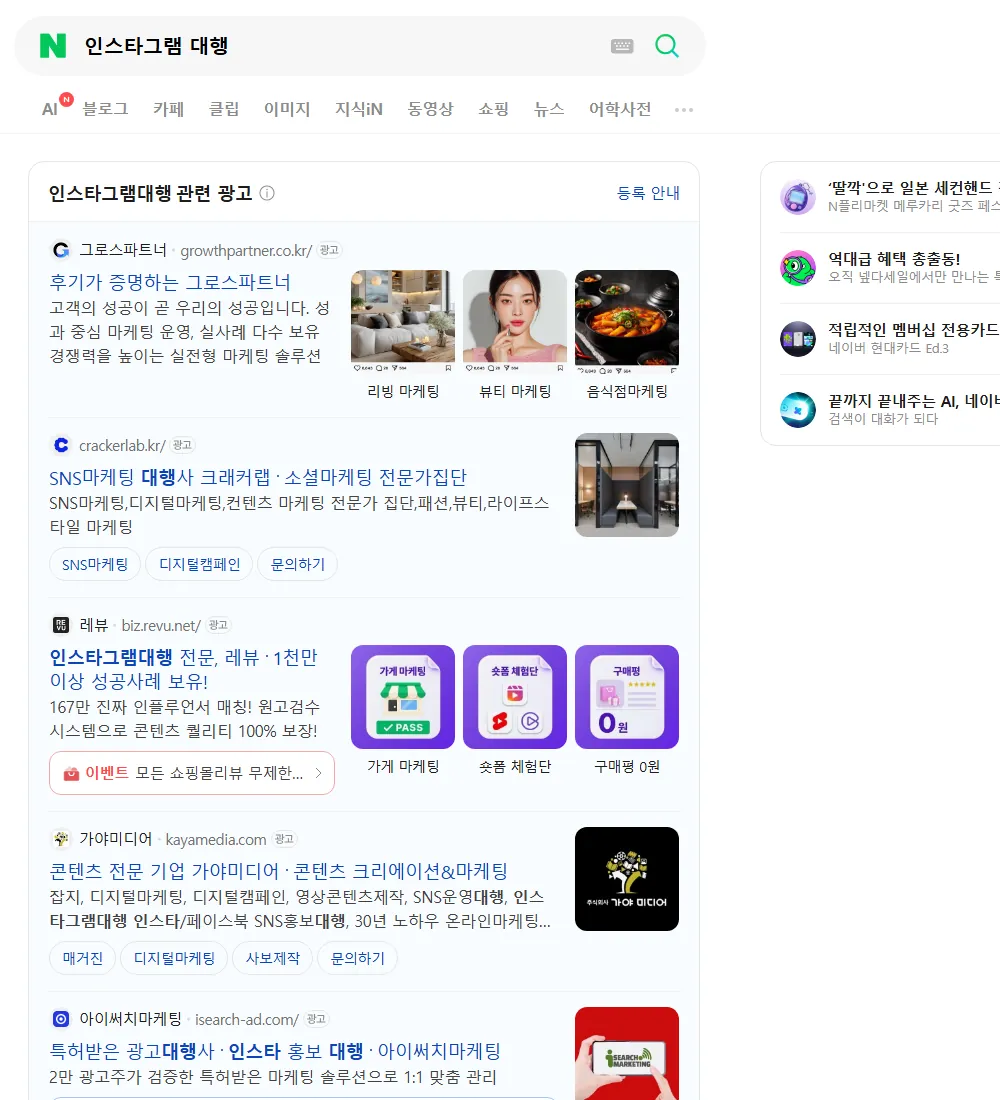 인스타그램 대행 네이버 검색 화면