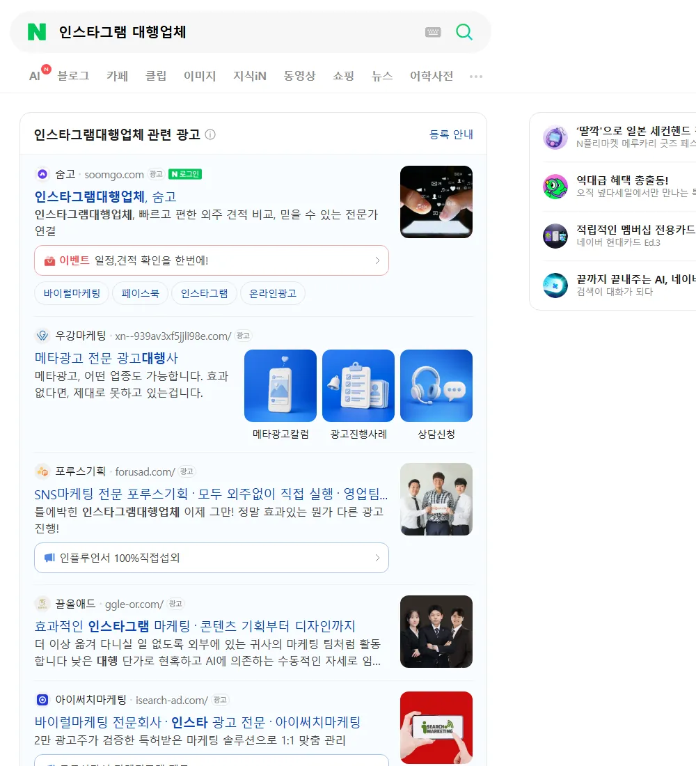 인스타그램 대행업체 네이버 검색 화면