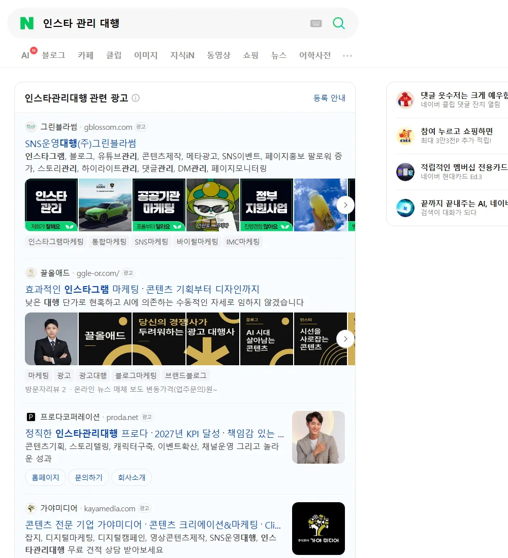 인스타 관리 대행 네이버 검색 화면