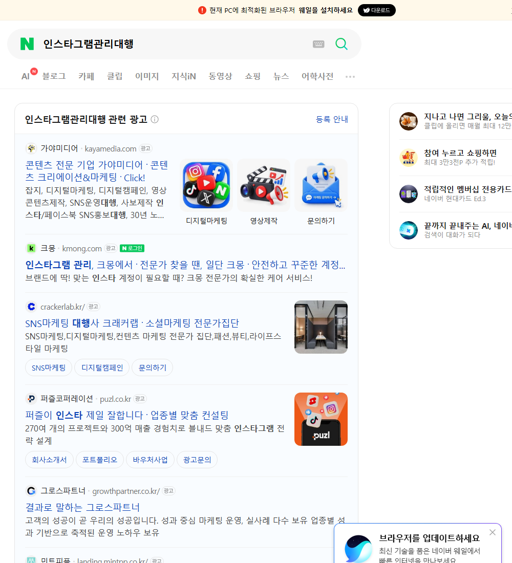 인스타그램관리대행 네이버 검색 화면