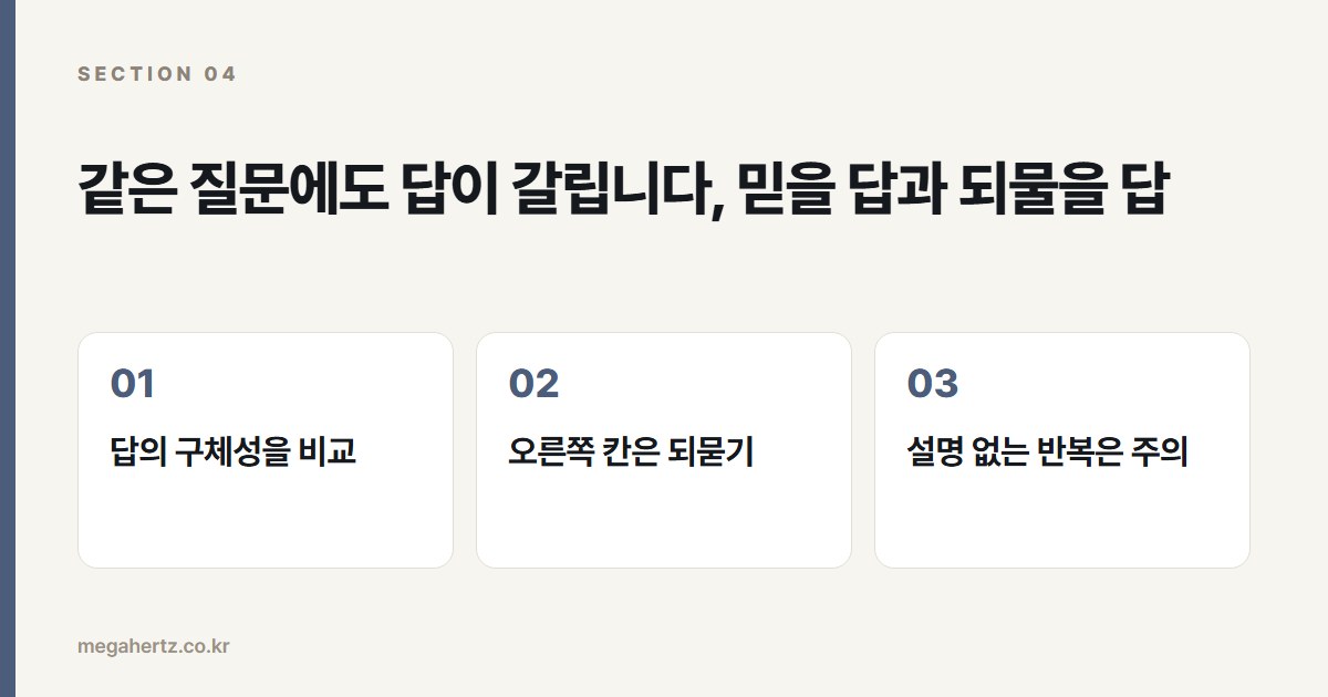 같은 질문에도 답이 갈립니다, 믿을 답과 되물을 답