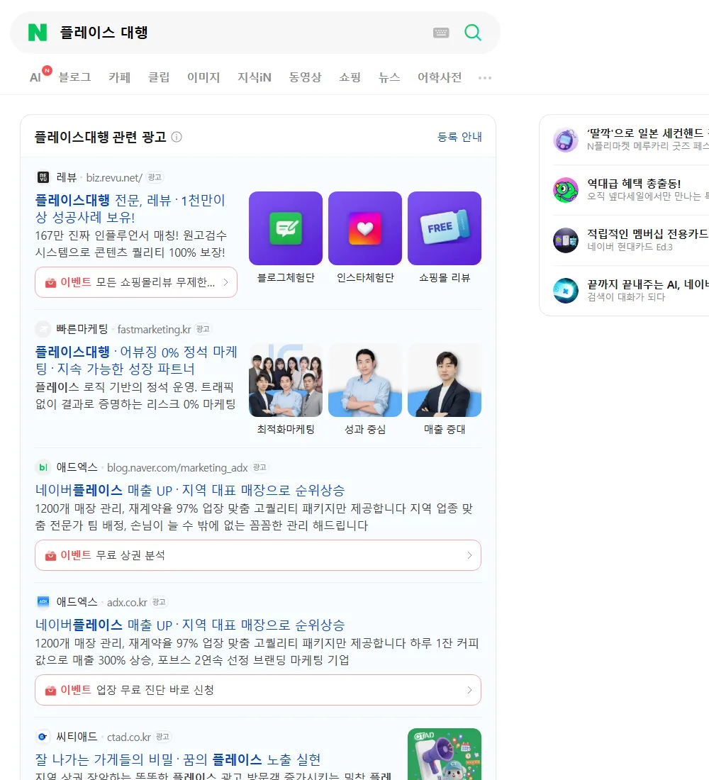 플레이스 대행 네이버 검색 화면