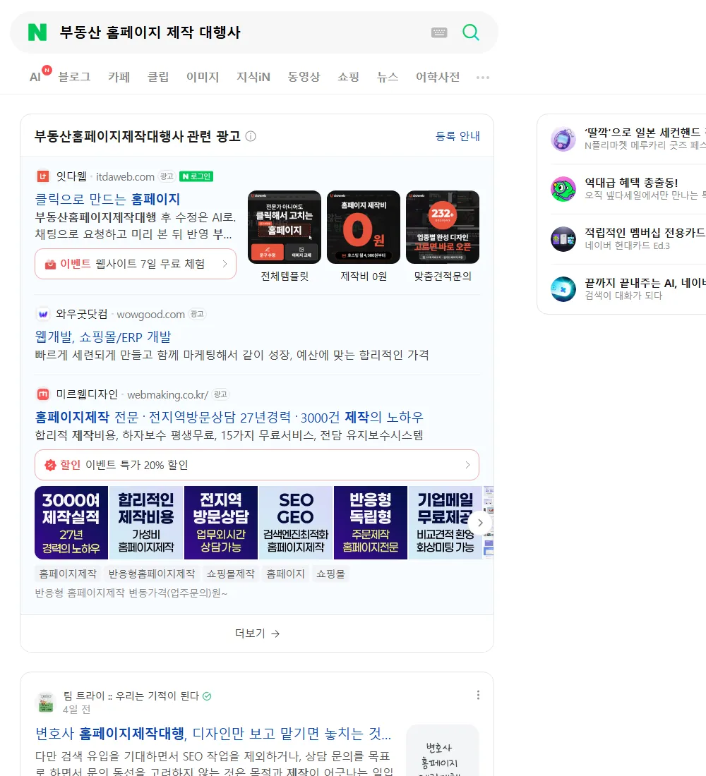 부동산 홈페이지 제작 대행사 네이버 검색 화면