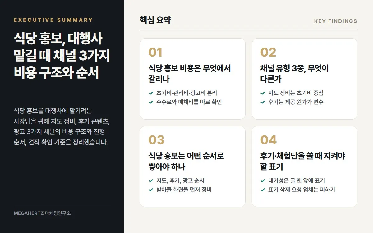 식당 홍보, 대행사 맡길 때 채널 3가지 비용 구조와 순서 핵심 요약