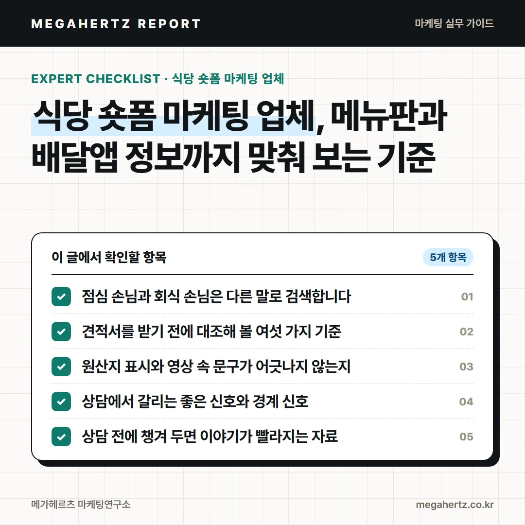 식당 숏폼 마케팅 업체, 메뉴판과 배달앱 정보까지 맞춰 보는 기준