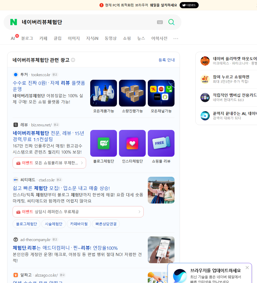 네이버리뷰체험단 네이버 검색 화면