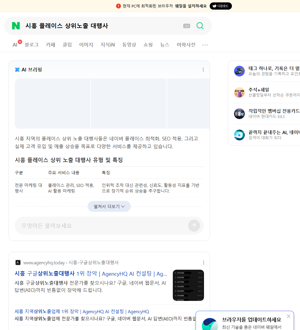 시흥 플레이스 상위노출 대행사 네이버 검색 화면