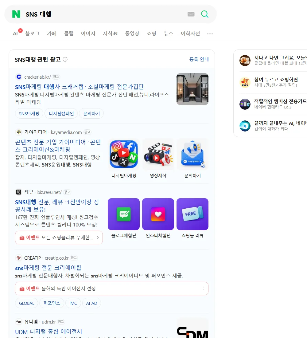 SNS 대행 네이버 검색 화면