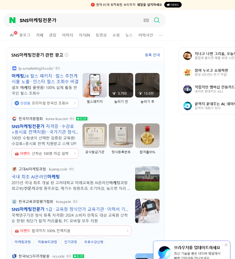 SNS마케팅전문가 네이버 검색 화면