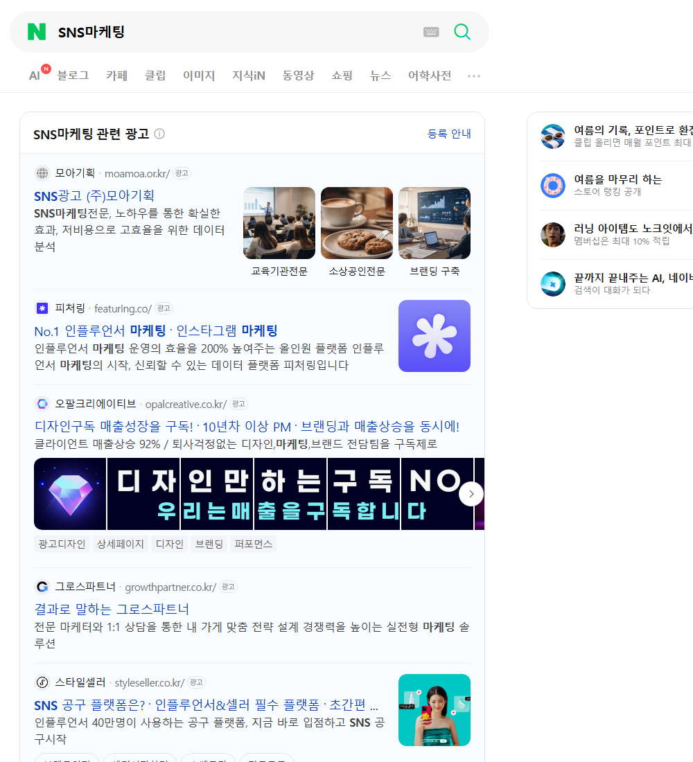 SNS마케팅 네이버 검색 화면