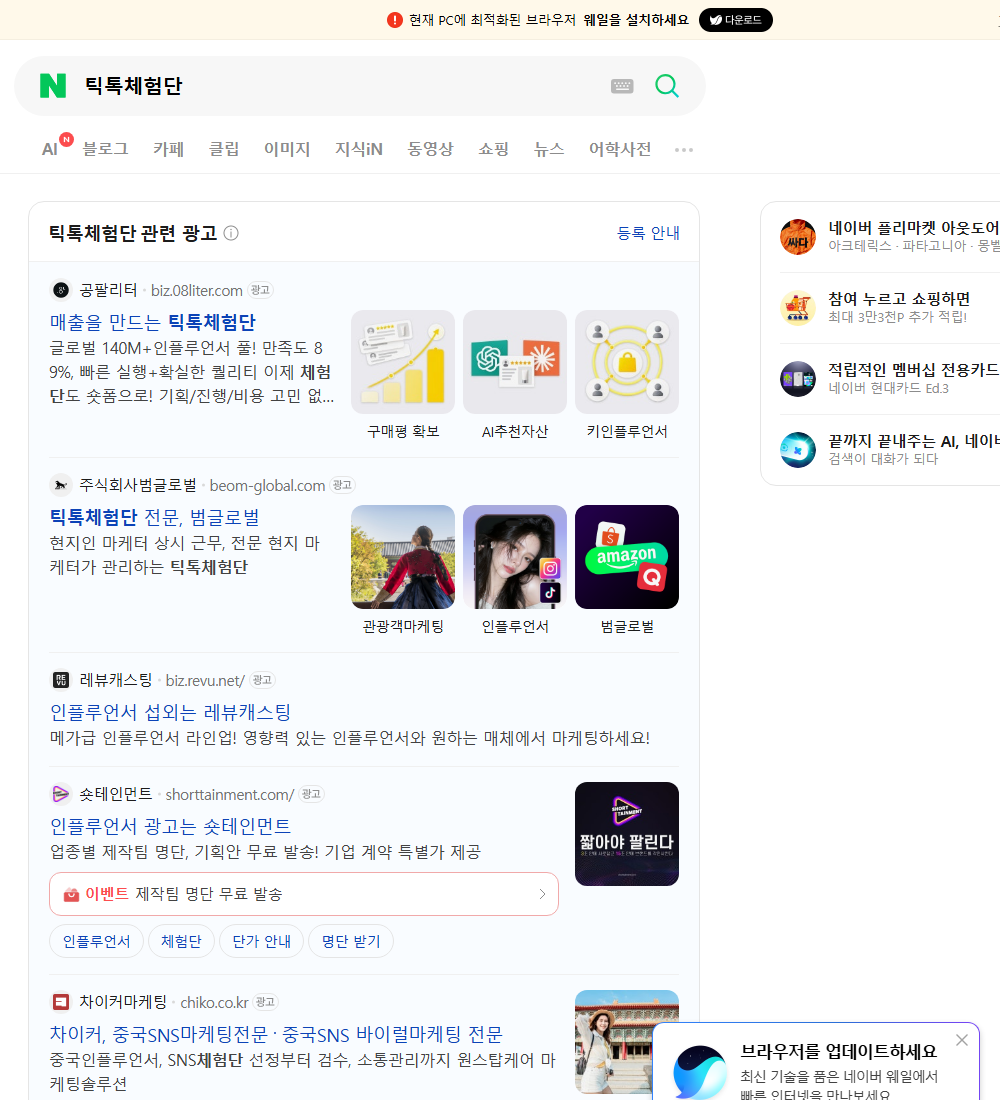 틱톡체험단 네이버 검색 화면