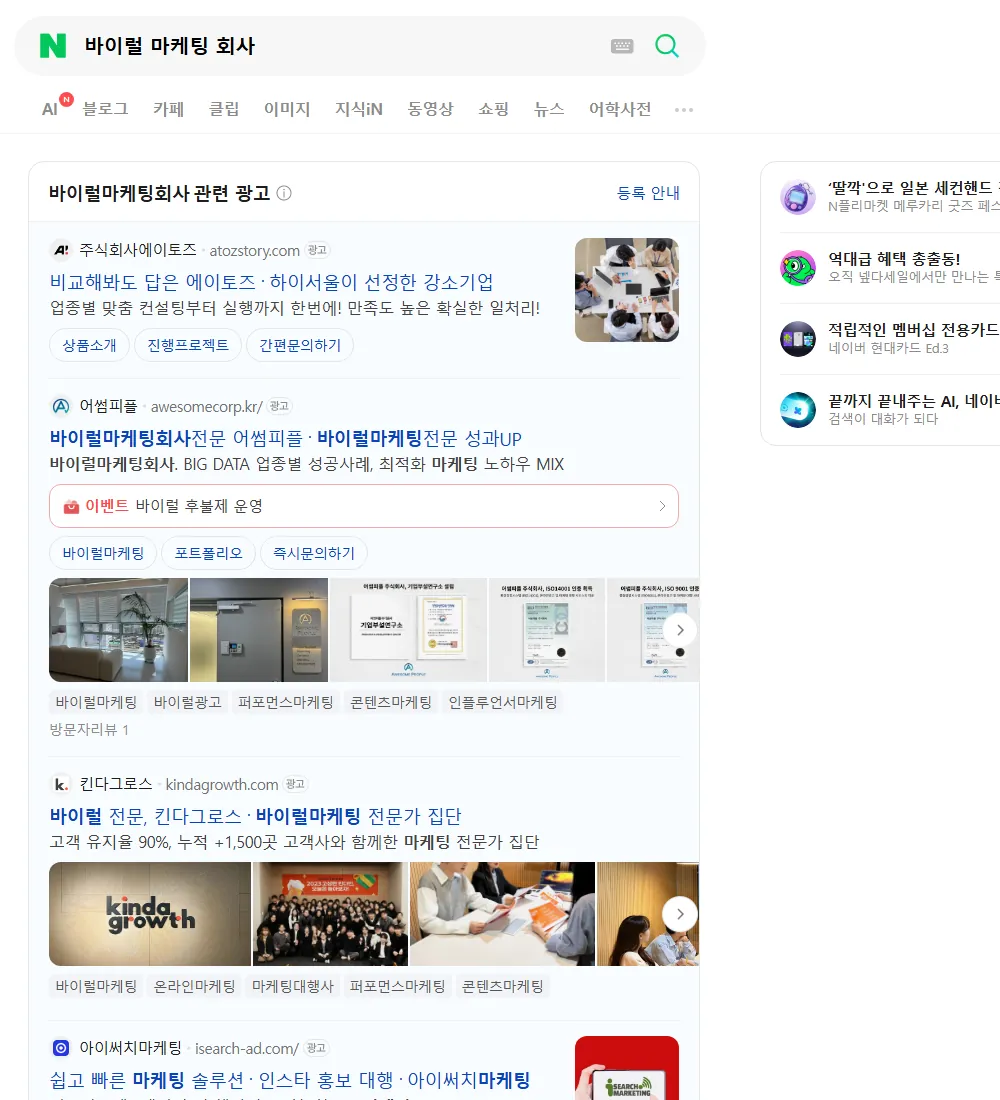 바이럴 마케팅 회사 네이버 검색 화면