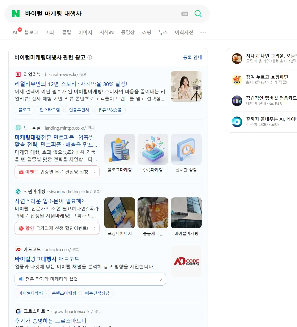 바이럴 마케팅 대행사 네이버 검색 화면