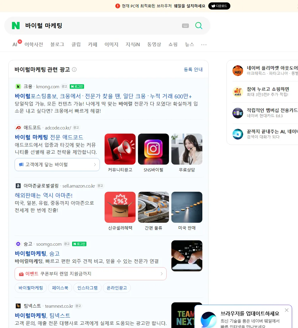 바이럴 마케팅 네이버 검색 화면