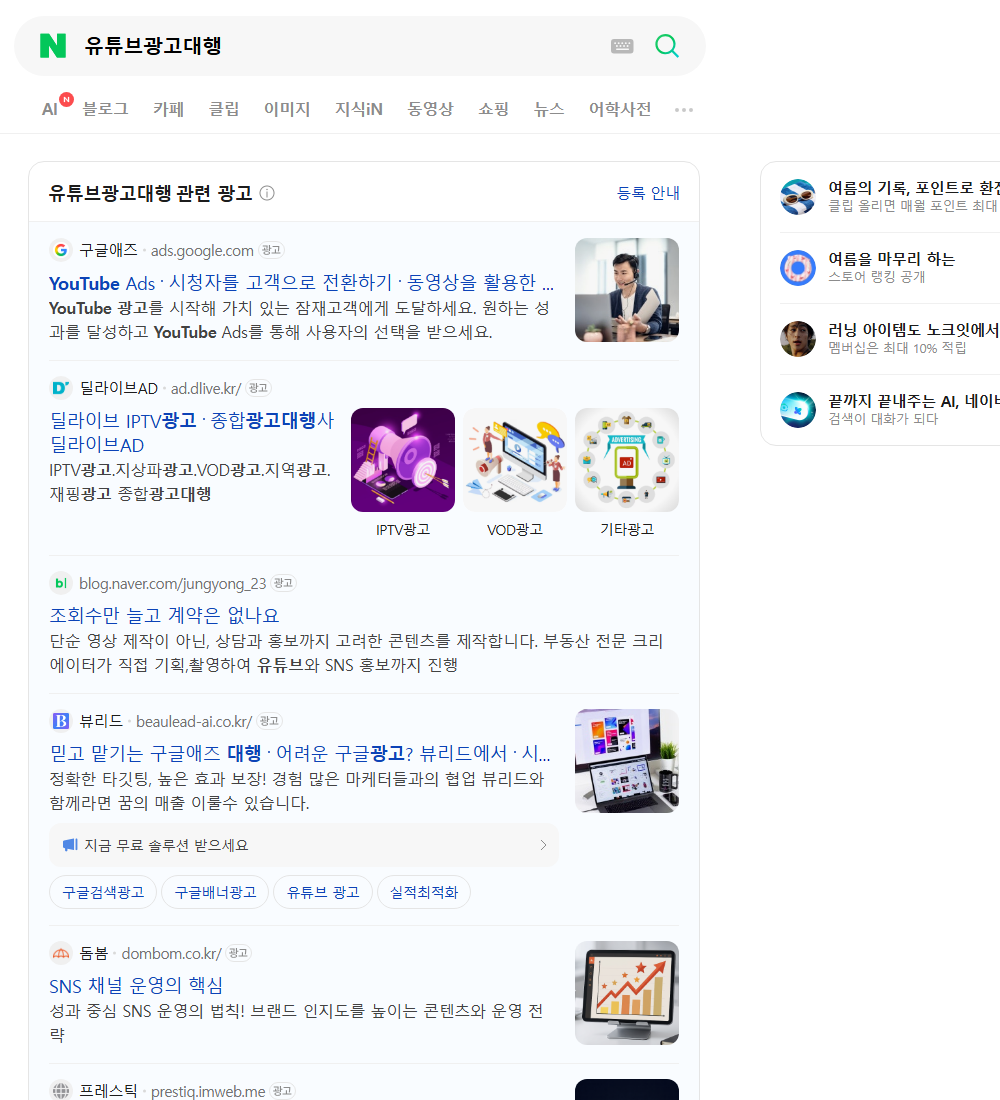 유튜브광고대행 네이버 검색 화면