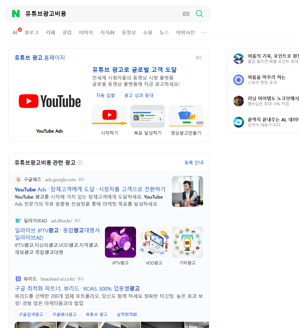 유튜브광고비용 네이버 검색 화면